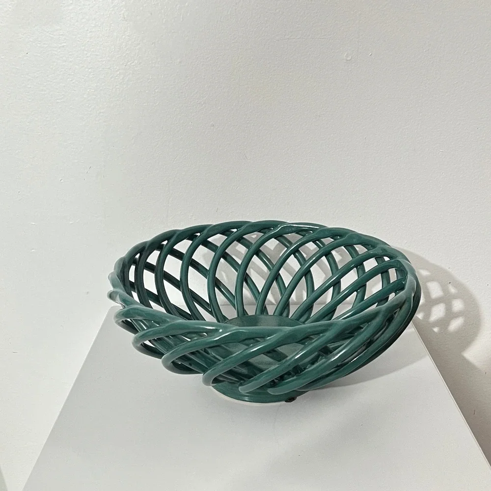 Vintage Ceramic Lattice Fruit Bowl  Teal Green Woven Spiral Design